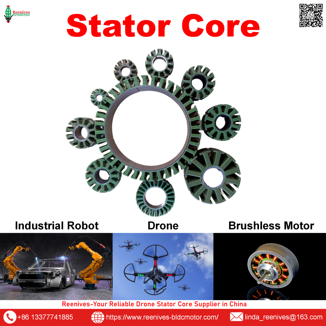 Brushless drone motor core for racing/agri UAVs. Epoxy insulation. OEM custom. Reenives supplier.